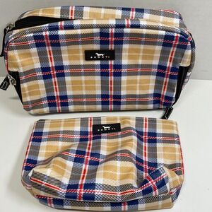 Scout Makeup Bag Set 2 Piece Tan Navy Red Plaid Water Resistant Travel Pouches